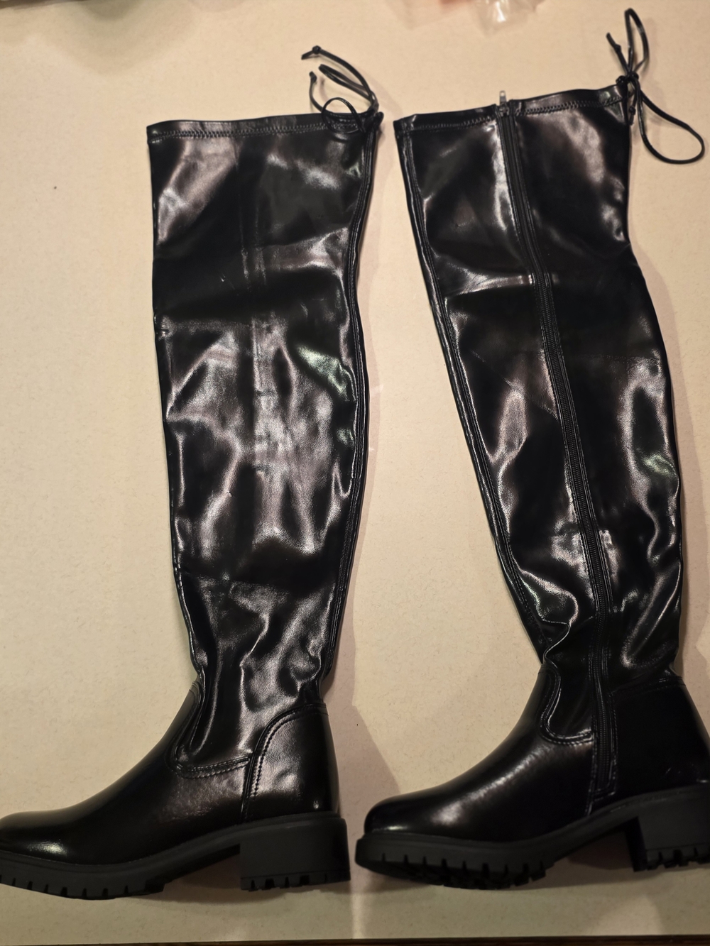 Women's Black Over-the-Knee Lug Sole Boots with Back Tie Size 9